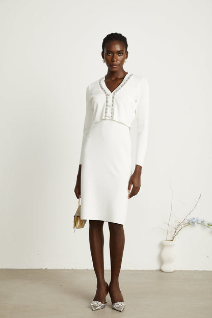 Blanche white bead-embellished cardigan & dress matching set (US Only)