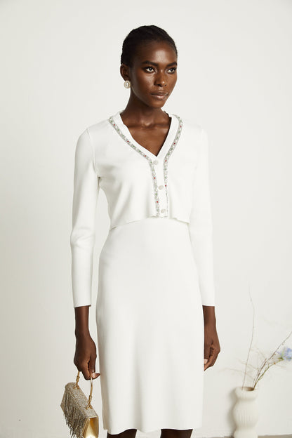 Blanche white bead-embellished cardigan & dress matching set (US Only)