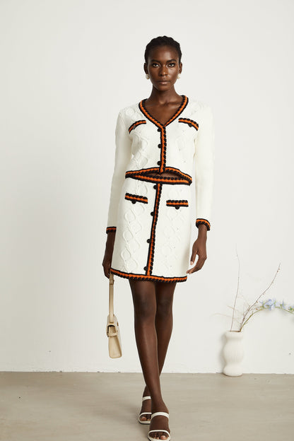 Cécilie contrast-trim knitted cardigan & skirt matching set
