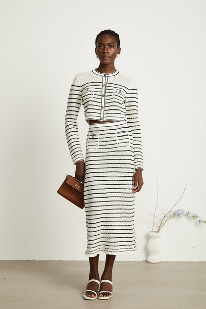 Colette pointelle-knit cardigan & skirt matching set