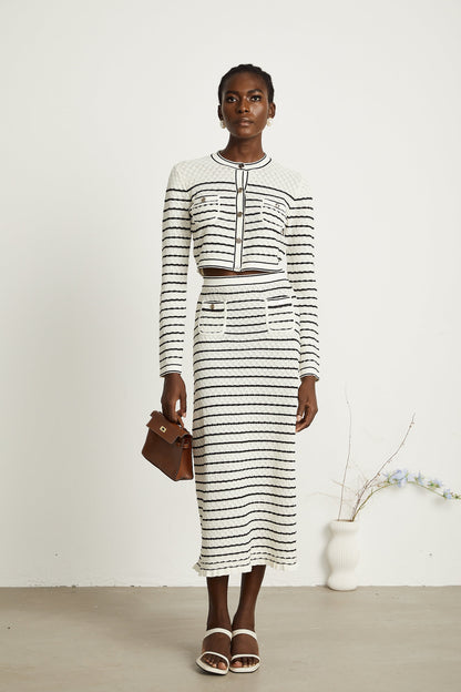 Colette pointelle-knit cardigan & skirt matching set