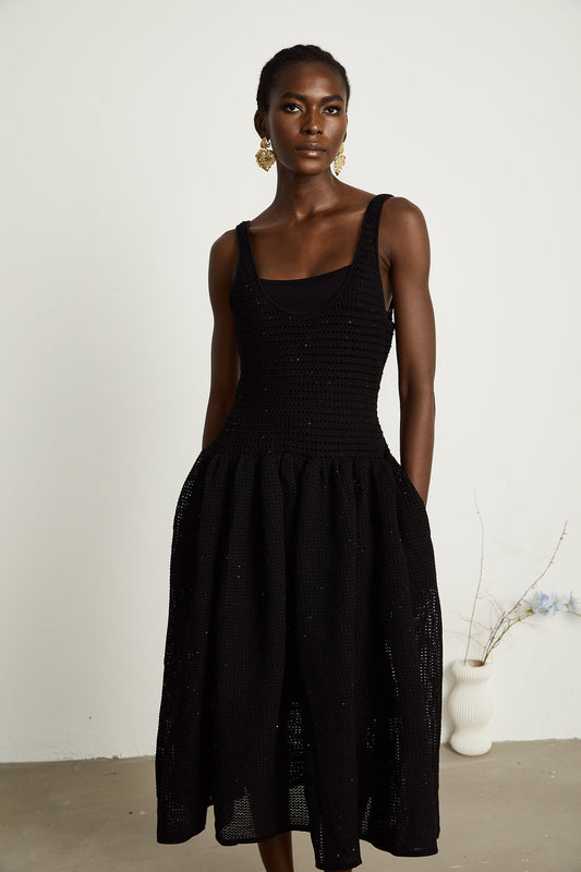 Clotilde black crochet-knit midi dress