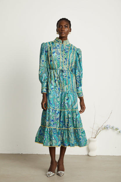 Wanda floral-motif tiered frill midi dress
