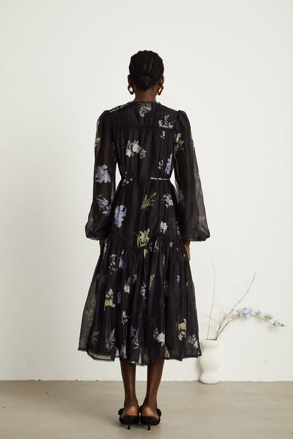 Valérie black floral-print pleated midi dress