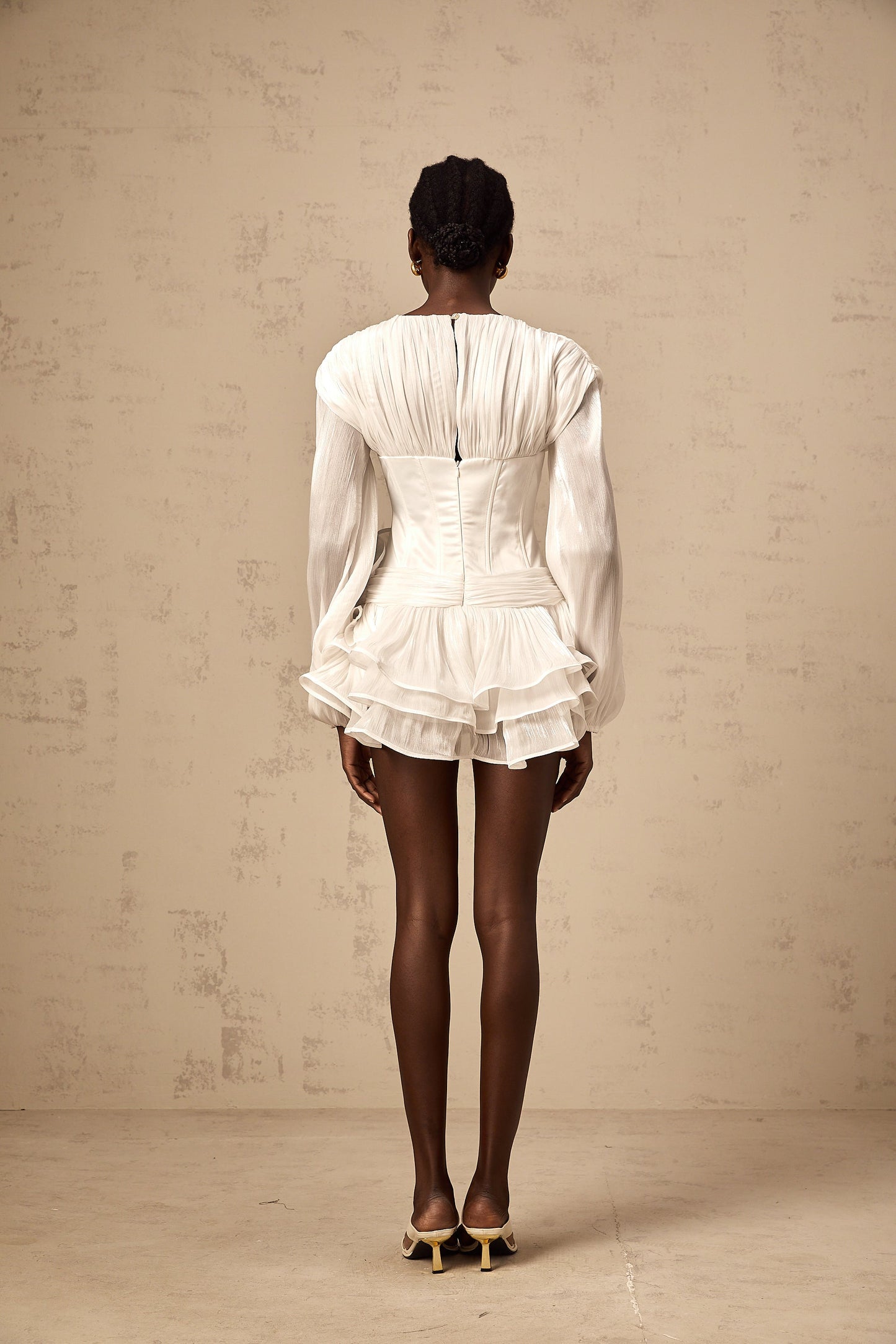 Rosie white fully-pleated cinched mini dress