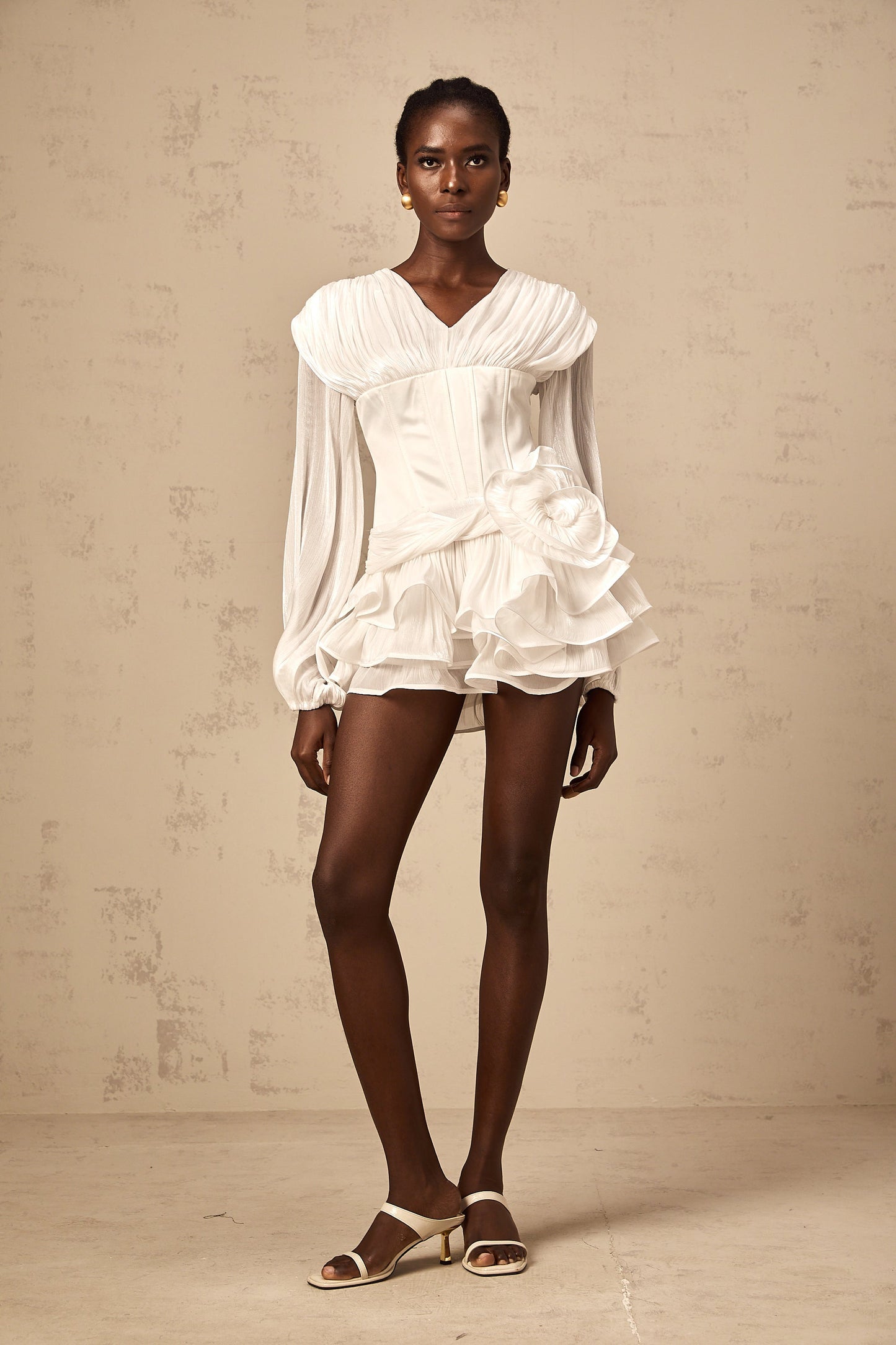 Rosie white fully-pleated cinched mini dress