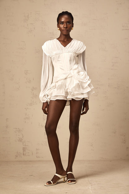 Rosie white fully-pleated cinched mini dress