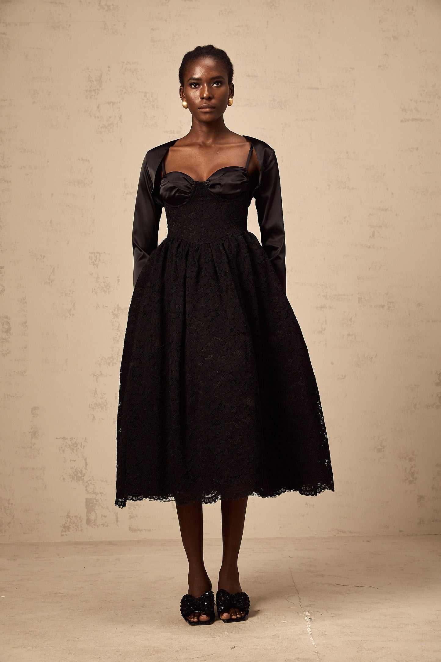 Sidonie black floral-lace top & dress matching set