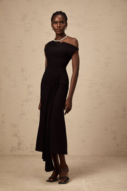 Laurine asymmetric draped midi dress in Black