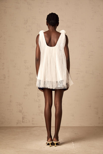 Katia white flower-appliqué mesh top