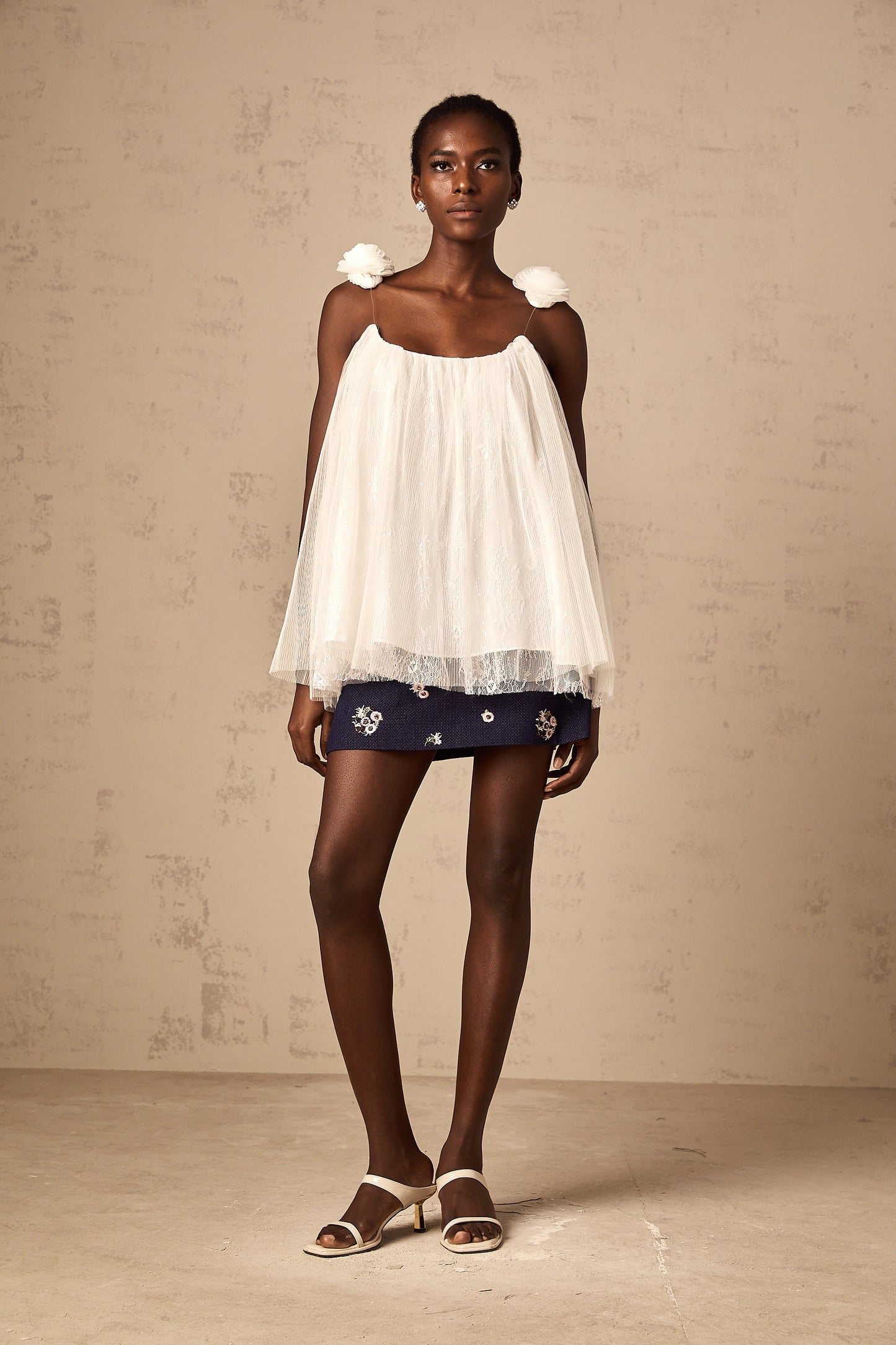 Katia white flower-appliqué mesh top