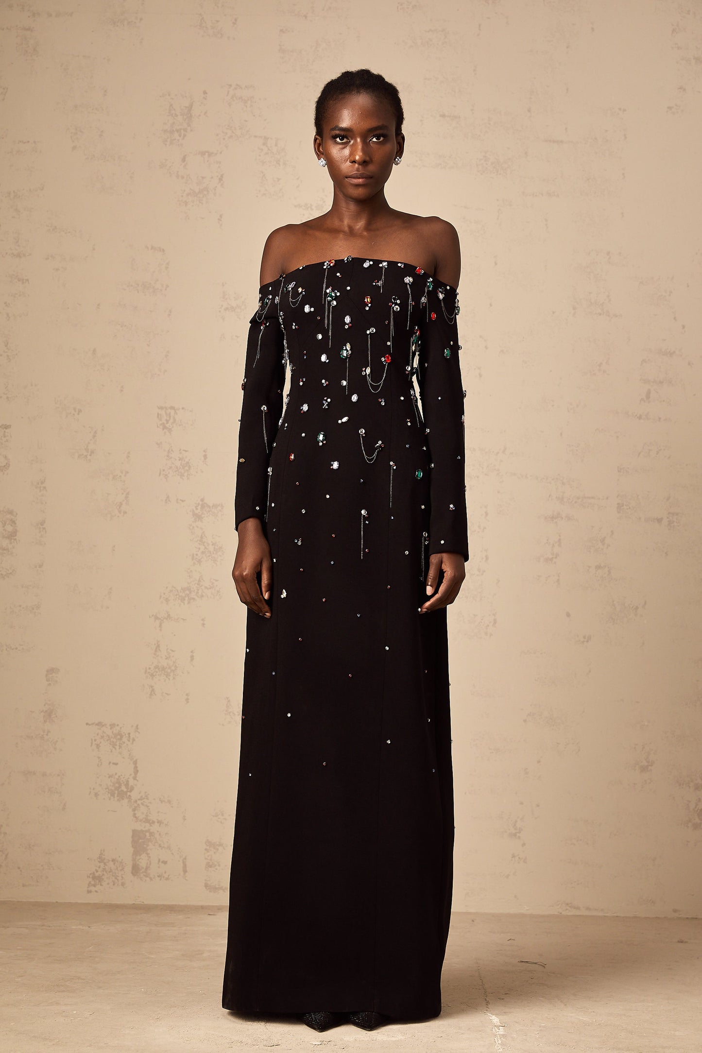 Gabrielle black crystal off-shoulder maxi dress