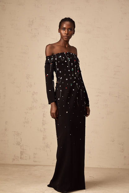 Gabrielle black crystal off-shoulder maxi dress