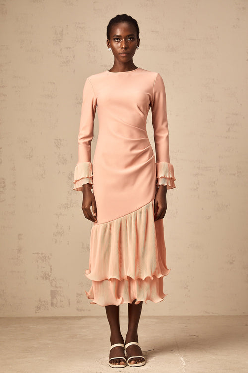 Fleurida ruffled-trim panelled midi dress in Pink