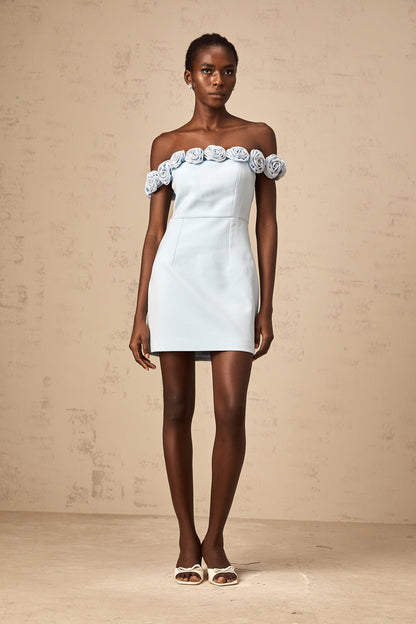 Hedwige blue flower-appliqué mini dress