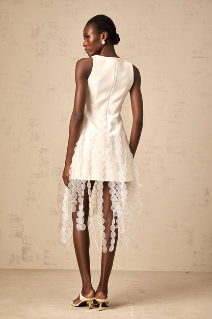 Justine white disc-design fringed midi dress