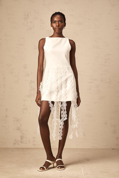 Justine white disc-design fringed midi dress