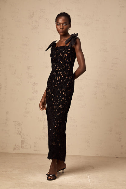 Eloise black floral embroidery maxi dress