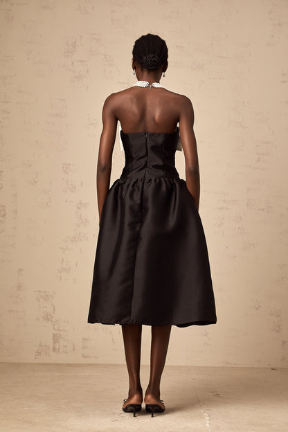 Georgette black bowknot off-shoulder midi dress