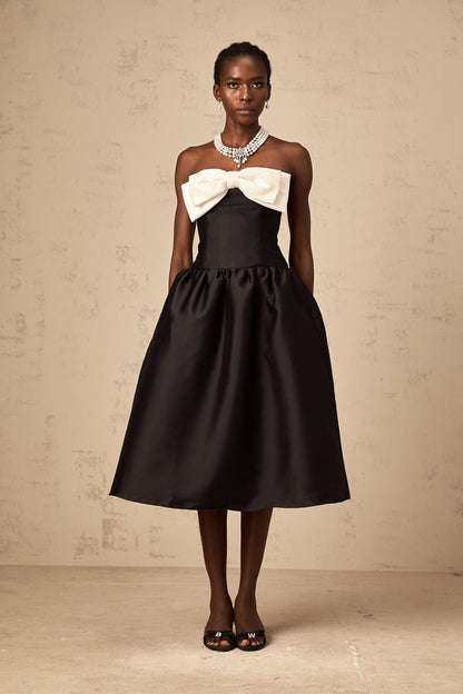 Georgette black bowknot off-shoulder midi dress