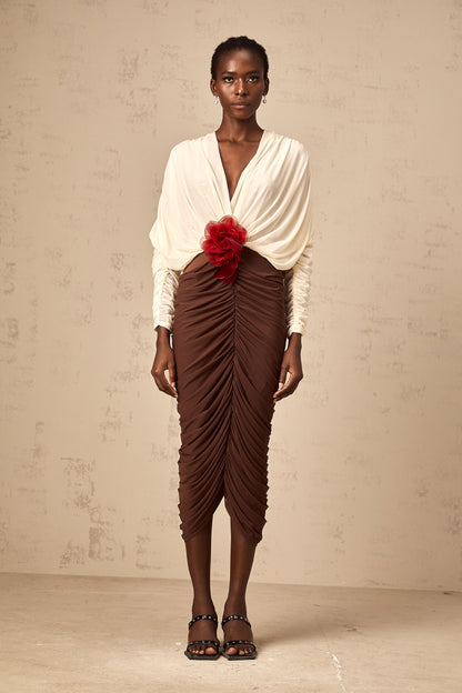 Léontine color-blocked flower-brooch ruched midi dress