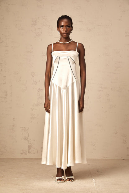 Claudia white flared satin maxi dress