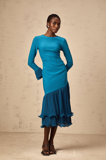 Fleurida ruffled-trim panelled midi dress in Blue
