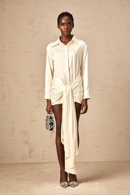 Daphné white ribbon ruched mini shirt dress