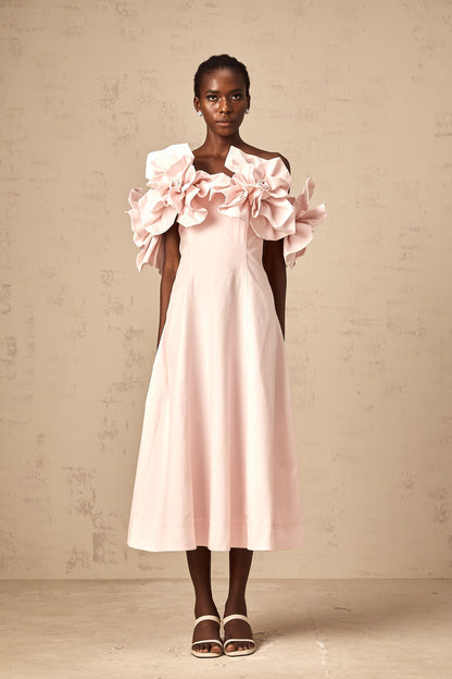 Juliette pink off-shoulder 3D-petal midi dress