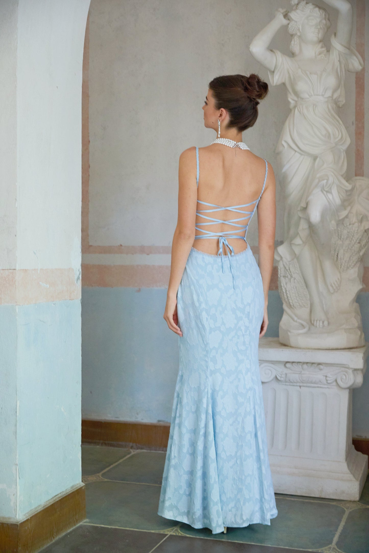 Rosalie lace-up jacquard flared maxi dress in Blue