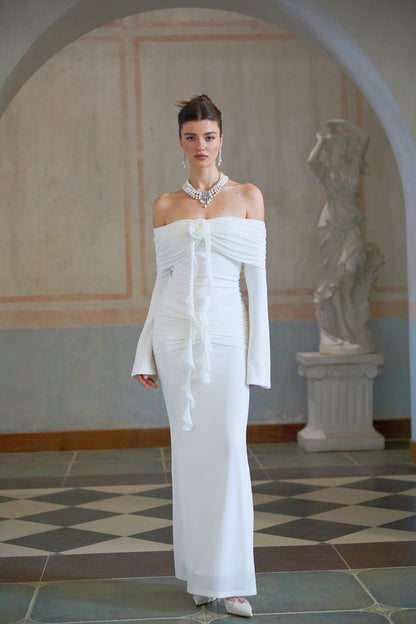 Wanda white glittered floral-appliqué knit maxi dress