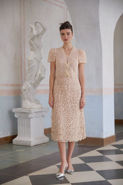 Bérengère neutrals faux-flower crochet midi dress