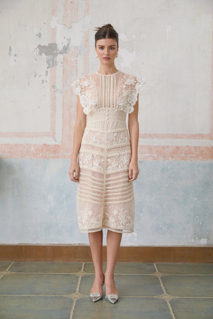 Fleur floral-embroidered lace midi dress in Neutrals