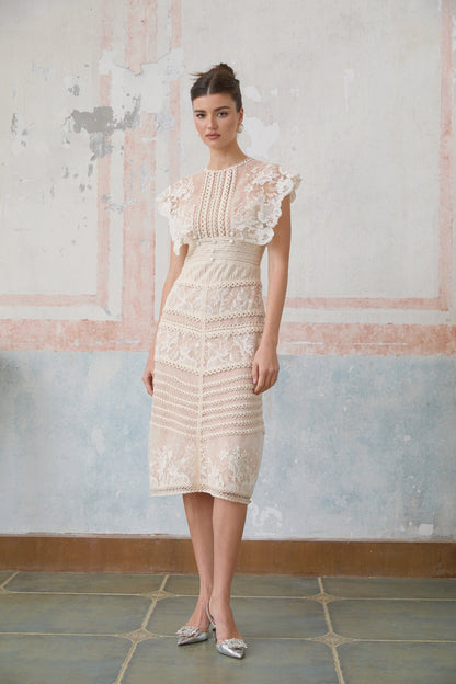 Fleur floral-embroidered lace midi dress in Neutrals