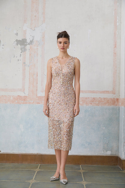 Marguerite embellished flower-motif fitted midi dress