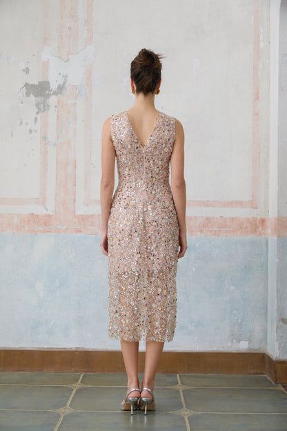 Marguerite embellished flower-motif fitted midi dress