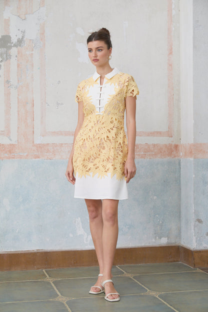 Camille yellow leaf-appliqué mini dress