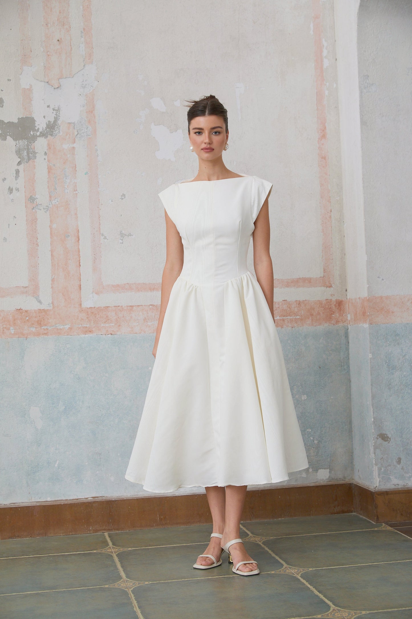 Amandine white open-back cap-sleeve midi dress