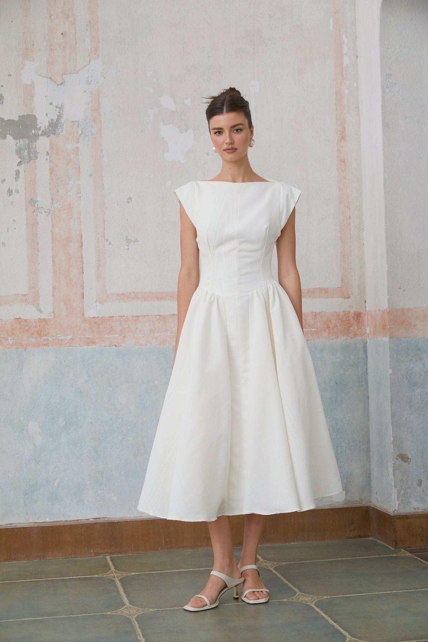 Amandine white open-back cap-sleeve midi dress