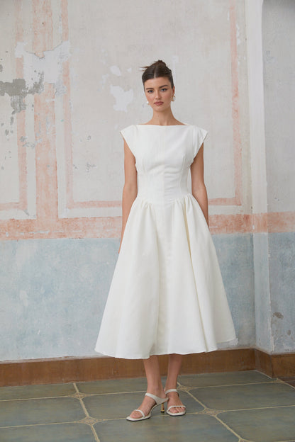 Amandine white open-back cap-sleeve midi dress