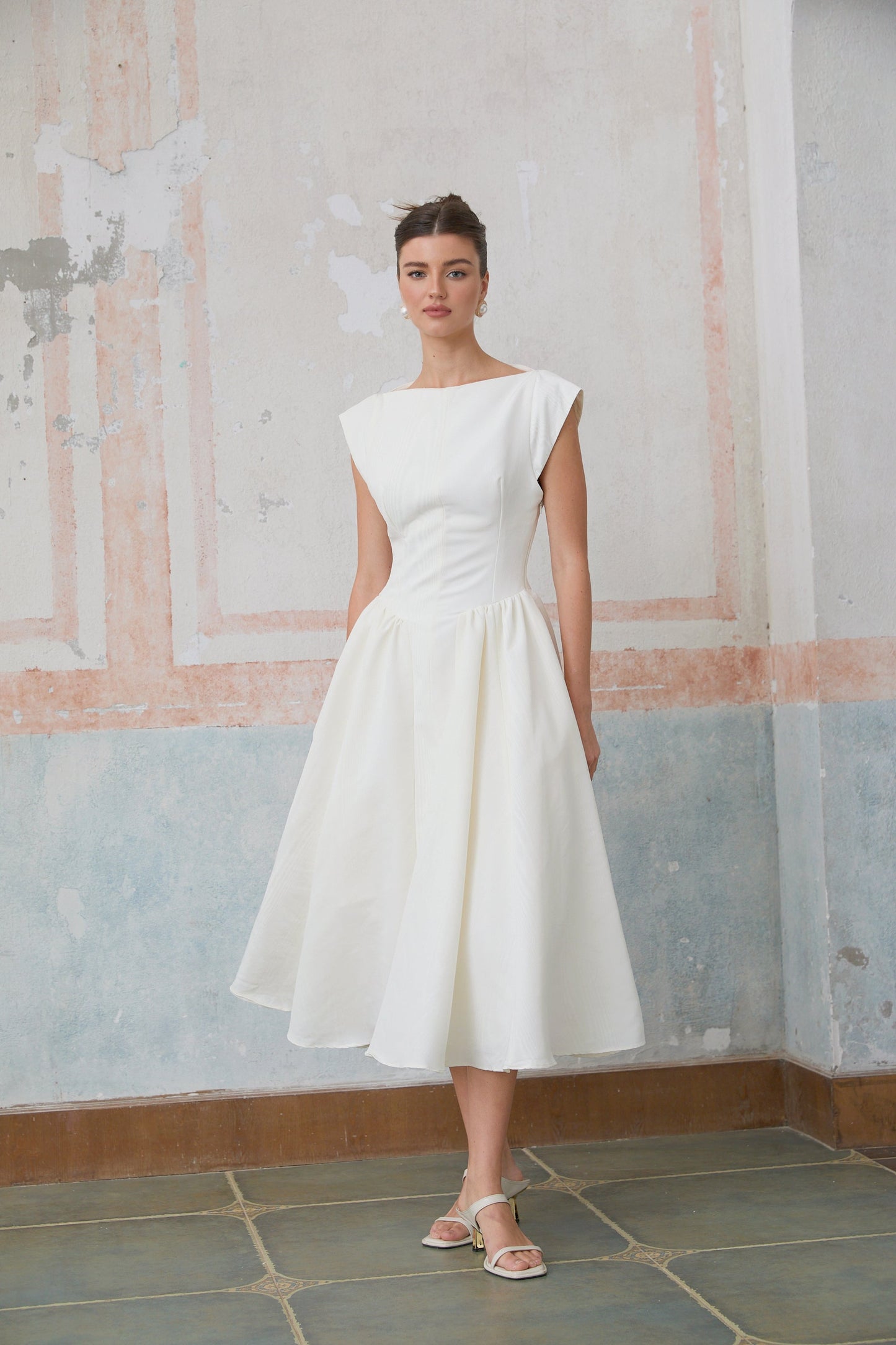 Amandine white open-back cap-sleeve midi dress
