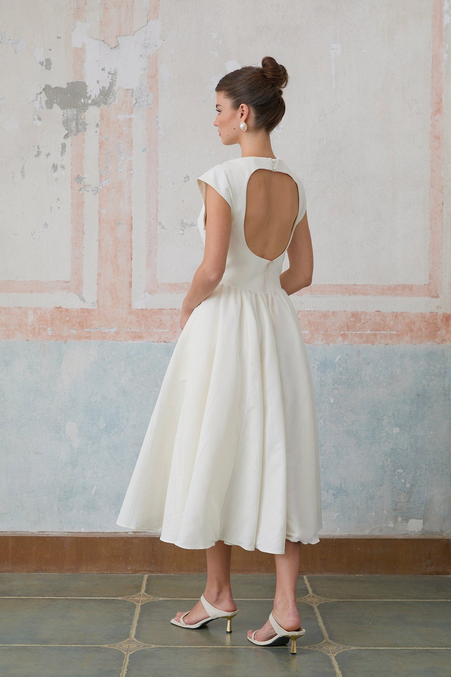 Amandine white open-back cap-sleeve midi dress