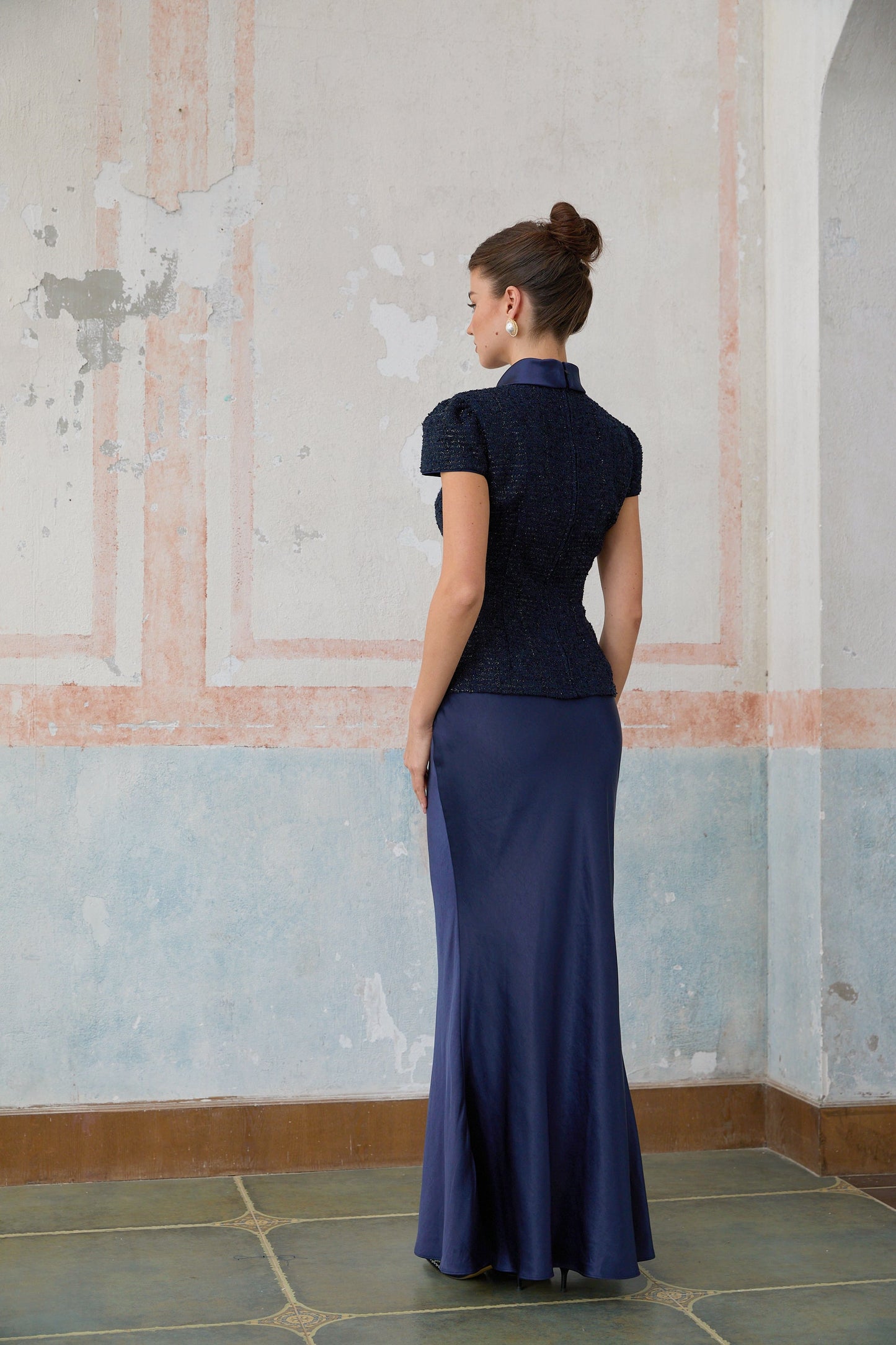Josette blue peplum-waist panelled maxi dress