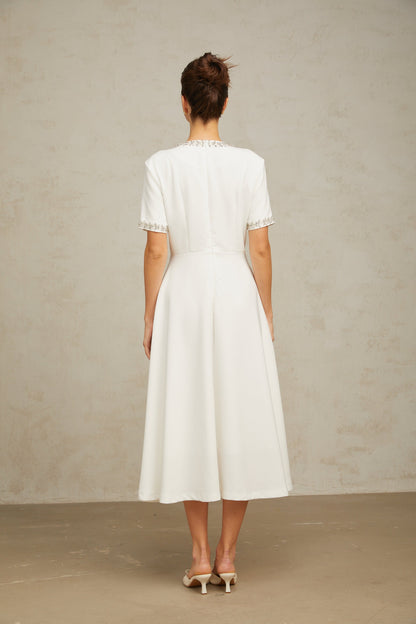 Cassiopeia crystal-accented bow midi dress in White