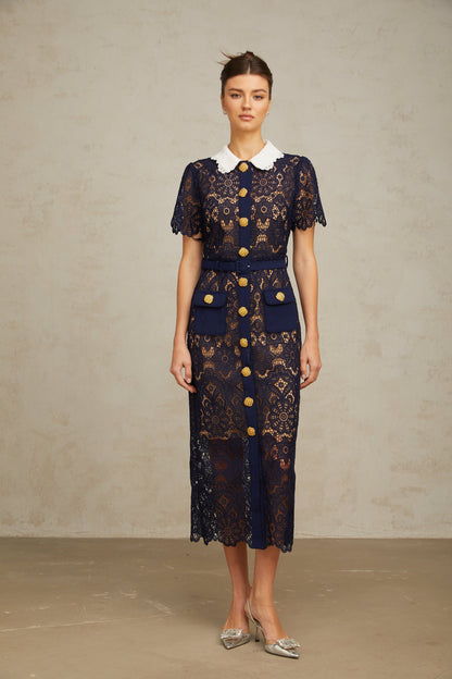 Ariane dark-blue floral crochet-lace midi dress