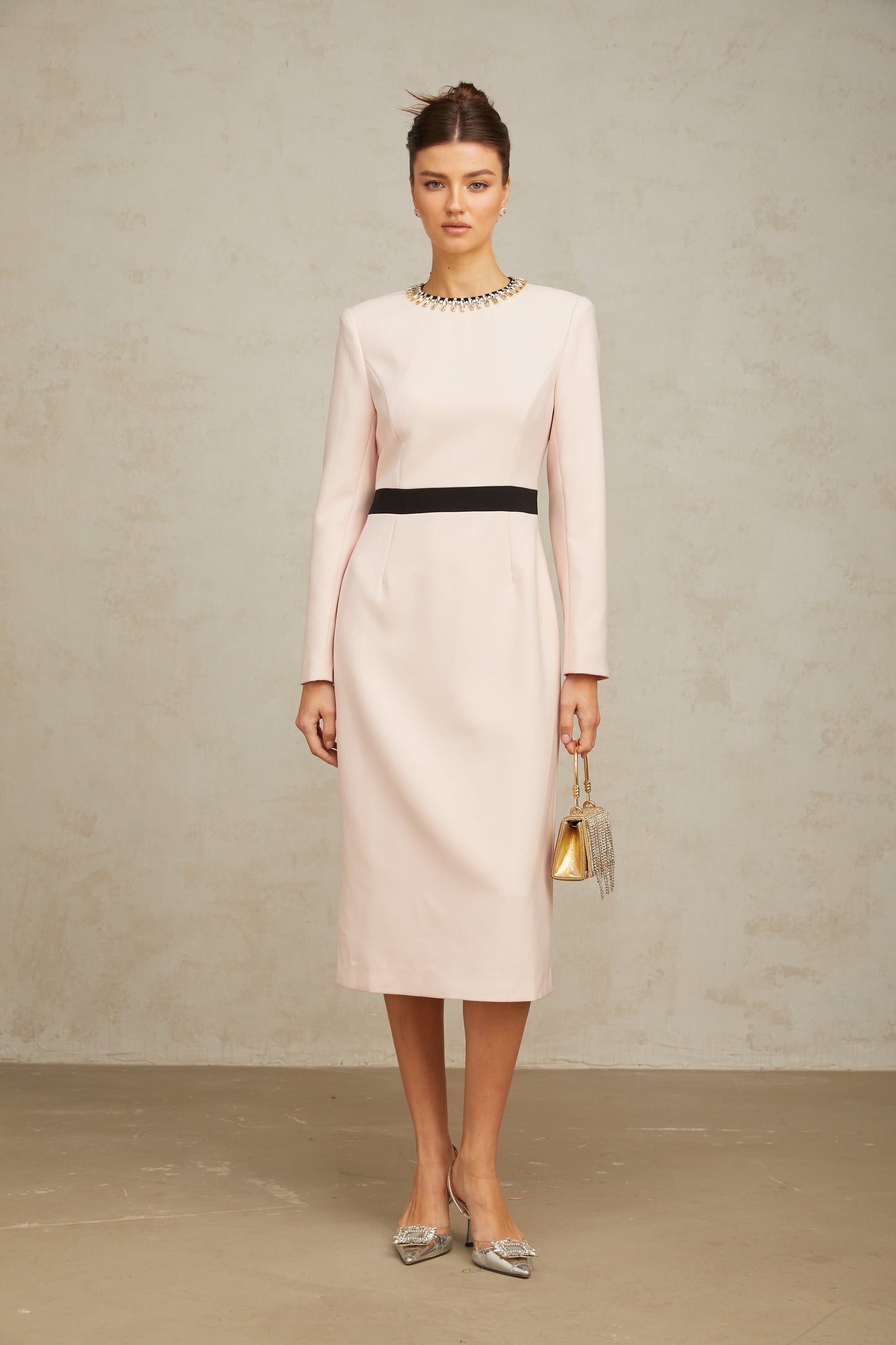 Anaïs pink crystal color-blocked midi dress