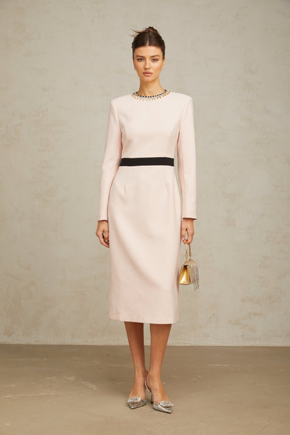 Anaïs pink crystal color-blocked midi dress