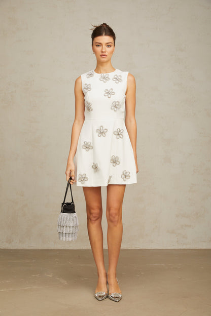 Coralie white flower-motif crystal mini dress