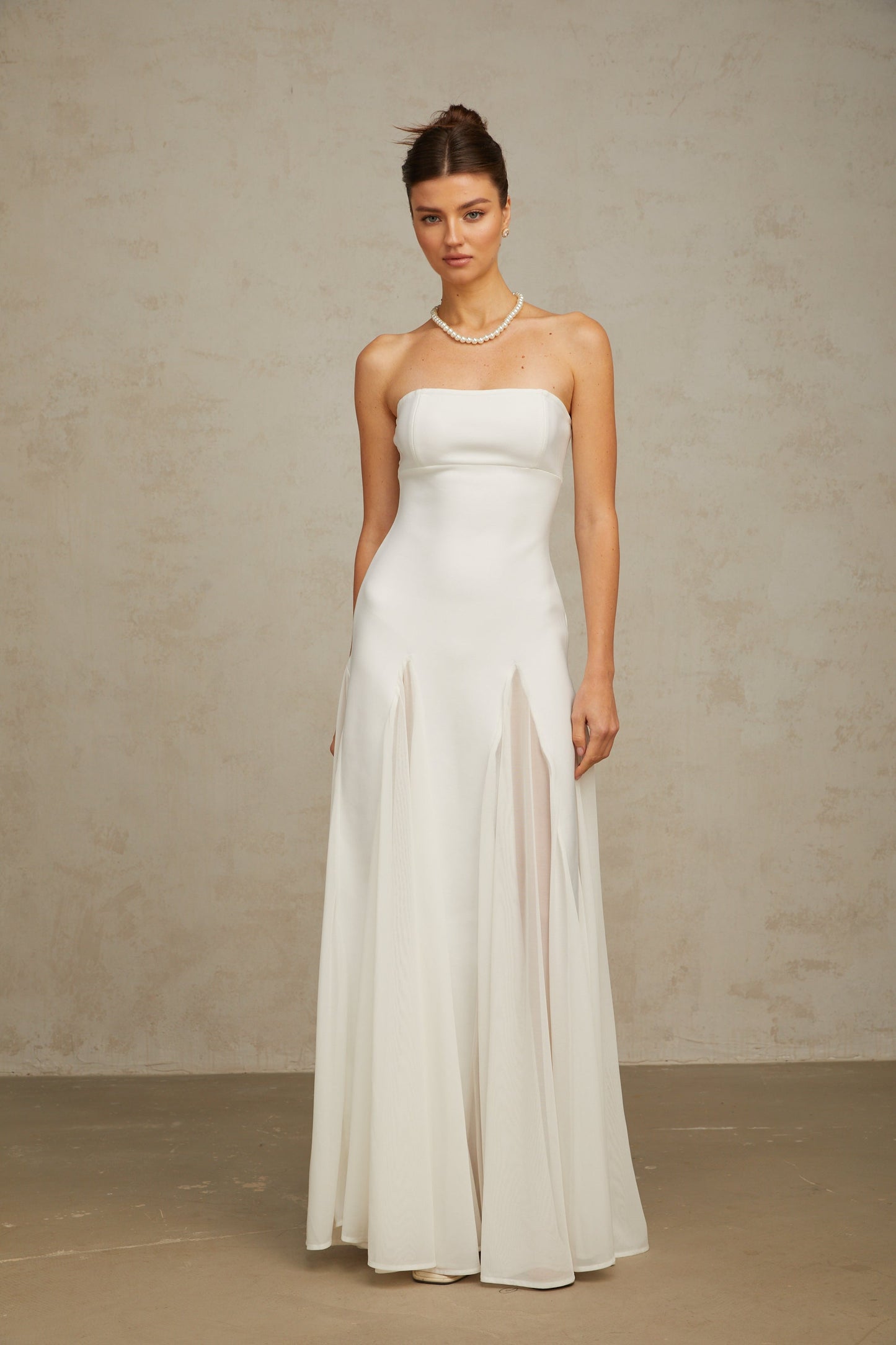Nathalie white tulle-panelling maxi dress