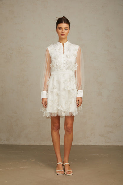 Camille white 3D-petal tulle mini dress